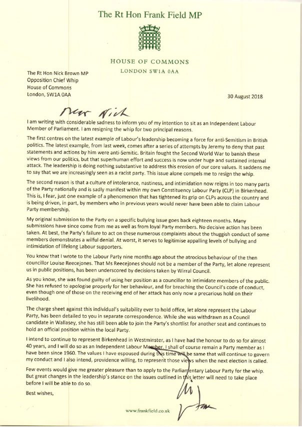 Frank Fields resignation letter