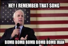 John McCain sings “Bomb Iran” to the tune of ‘Barbara Anne’ by the Beach Boys. Never mourn a warmonger.